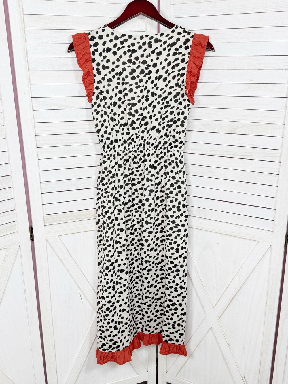 THML Animal Print Ruffle Trim Midi Dress Sundress Ivory Black XS Leopard Cottage - Picture 8 of 12